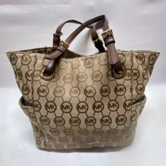 Michael Kors Jet Set Canvas Monogram Large Tote Khaki/Mocha Leather Strap GUC - Picture 12 of 13